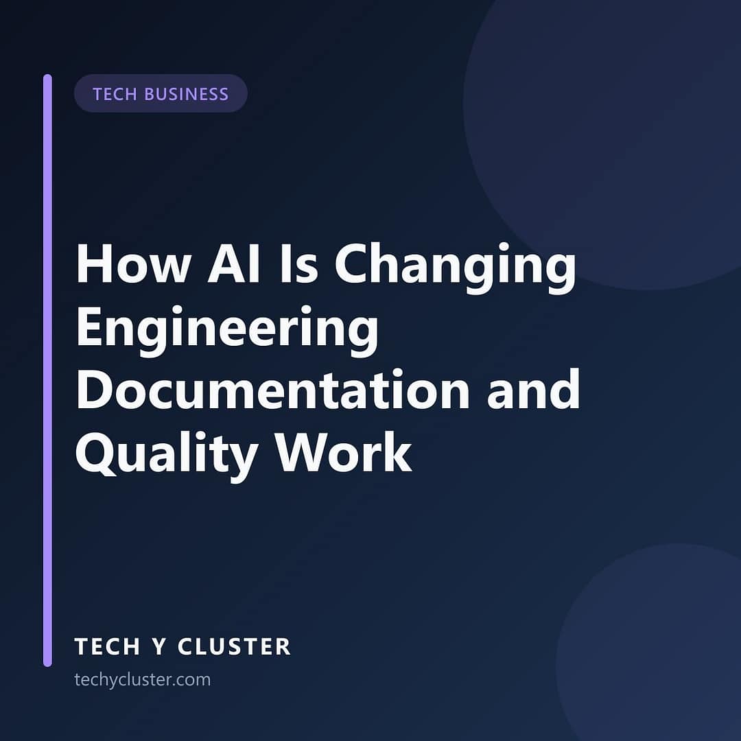 Tech Y Cluster title card in the Tech Business category reading: How AI Is Changing Engineering Documentation and Quality Work