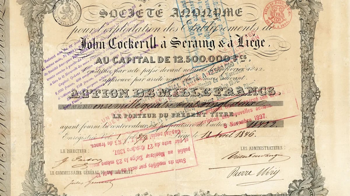 Illustration of stock certificates splitting into small pieces drifting toward child silhouettes beside a rocket