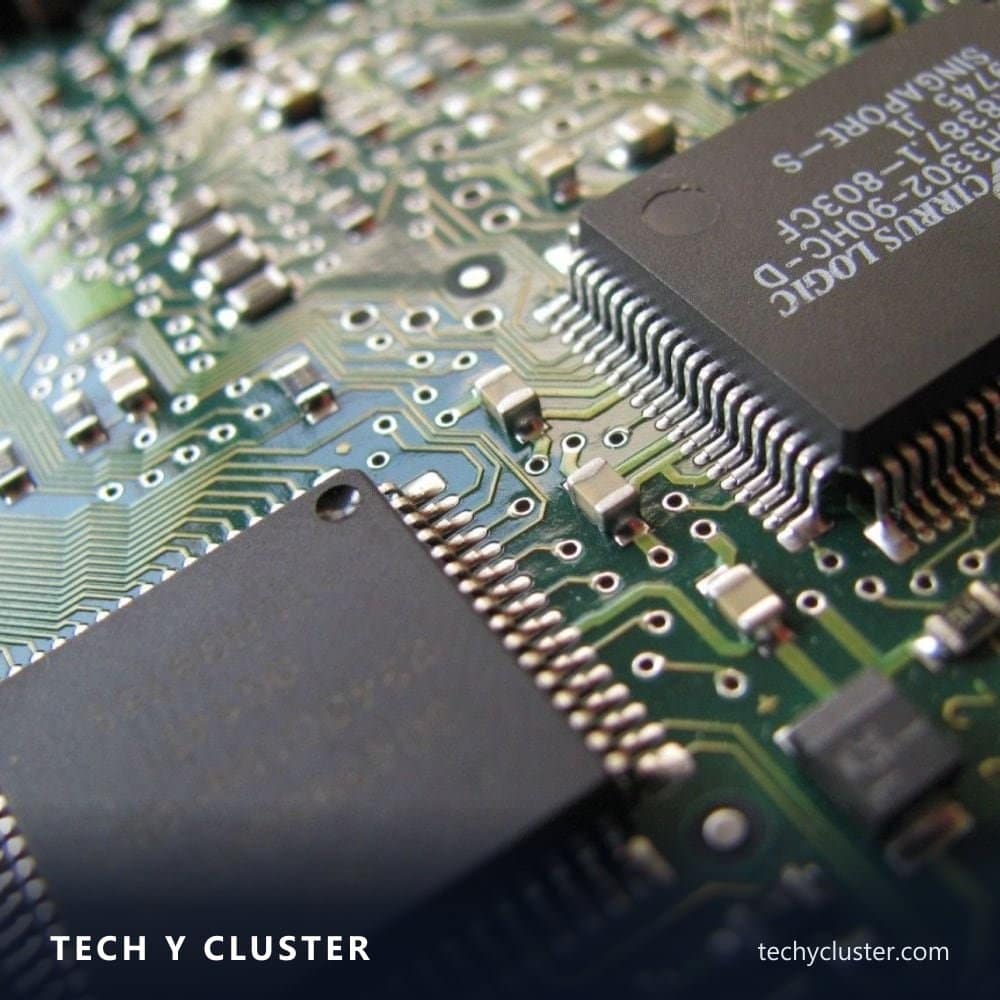 Close-up of integrated circuit chips on a circuit board