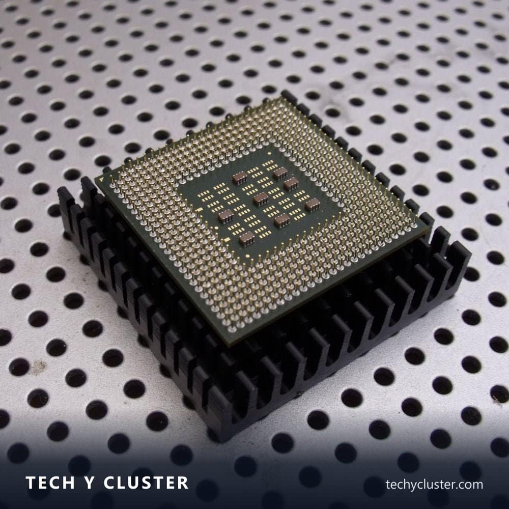 Computer processor chip on a perforated metal surface