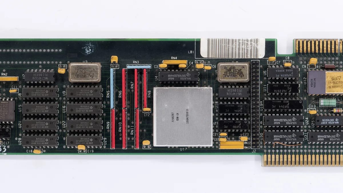 Illustration of a graphics card sharpening a pixelated game scene into a clear image